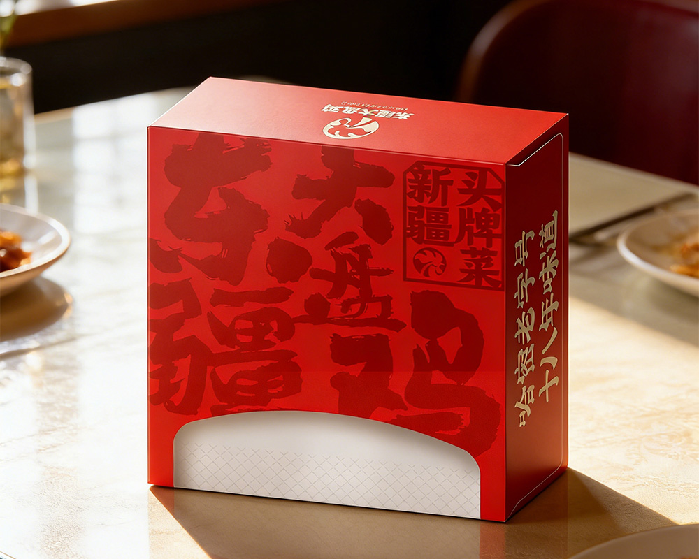 多种颜色的定制餐巾纸整齐摆放，包装上印有品牌标识，展示不同尺寸规格