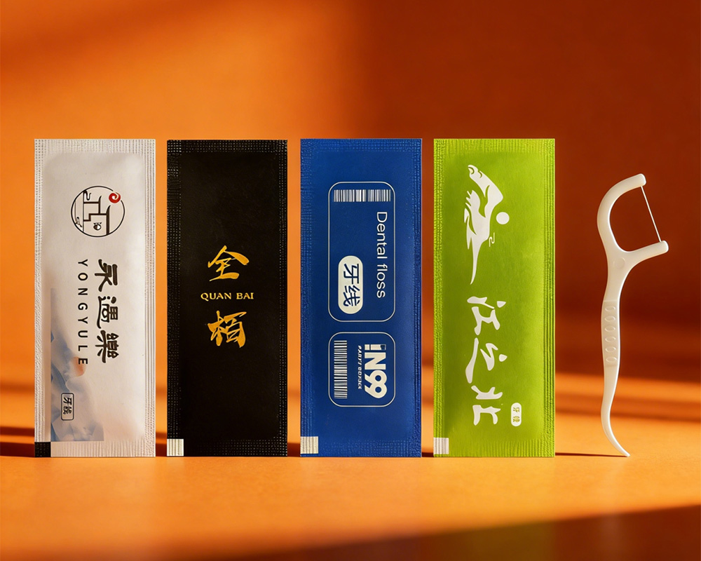 精美的牙线包装盒，盒子表面印有品牌标志，打开后显示多支牙线棒