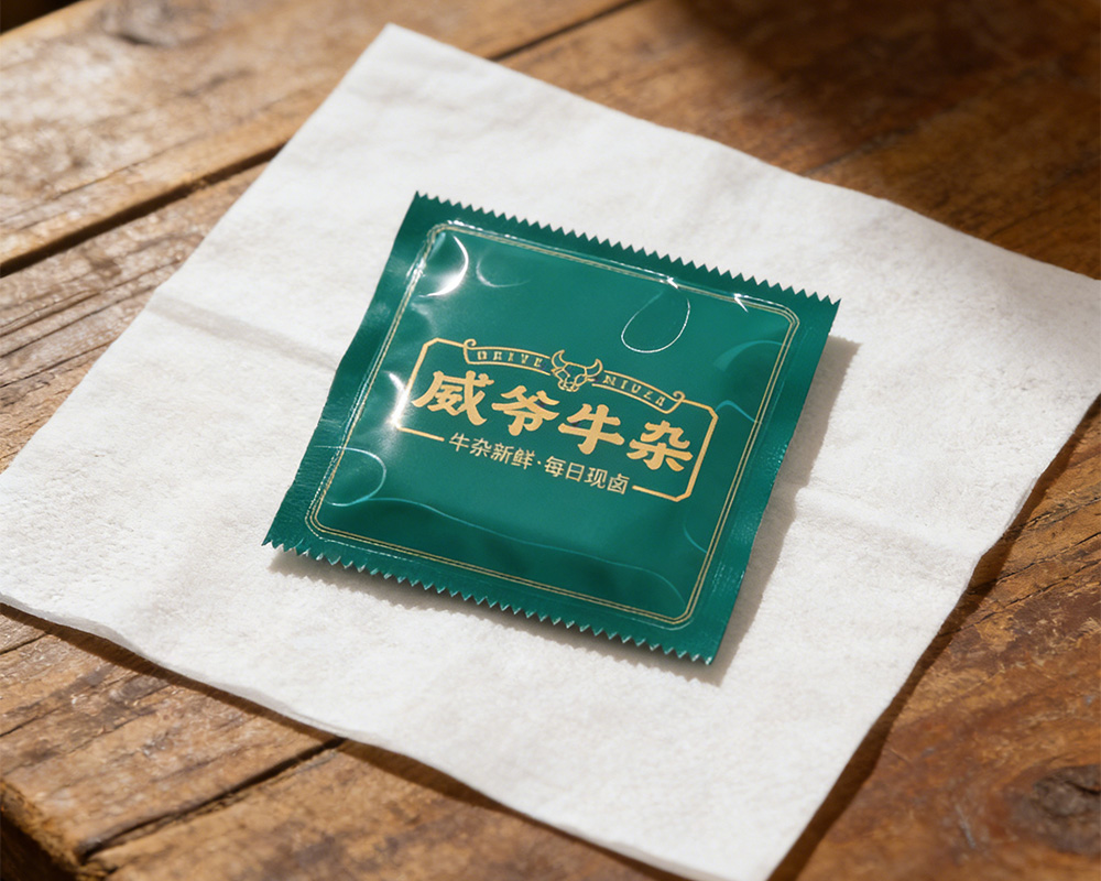 定制餐具套装展示，包括叉子、勺子、筷子等，包装袋印有品牌标识
